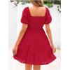 imagechouyatou Womens 2025 Eyelet Lace Embroidery Smocked Dress Square Neck Puff Sleeve Off Shoulder Tiered Mini DressRed