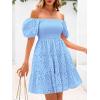 imagechouyatou Womens 2025 Eyelet Lace Embroidery Smocked Dress Square Neck Puff Sleeve Off Shoulder Tiered Mini DressSky Blue