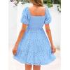 imagechouyatou Womens 2025 Eyelet Lace Embroidery Smocked Dress Square Neck Puff Sleeve Off Shoulder Tiered Mini DressSky Blue