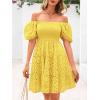 imagechouyatou Womens 2025 Eyelet Lace Embroidery Smocked Dress Square Neck Puff Sleeve Off Shoulder Tiered Mini DressYellow