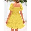 imagechouyatou Womens 2025 Eyelet Lace Embroidery Smocked Dress Square Neck Puff Sleeve Off Shoulder Tiered Mini DressYellow