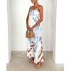 imagechouyatou Womens Bohemian Floral Print Back Smocked Maxi Dress Sexy Spaghetti Strap Ruffle Swing Beach Long DressBlue Brown