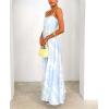 imagechouyatou Womens Bohemian Floral Print Back Smocked Maxi Dress Sexy Spaghetti Strap Ruffle Swing Beach Long DressLight Blue