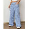 imagechouyatou Womens Casual Striped Wide Leg Pants Plaid Elastic Waist Palazzo Pants with PocketsPlaid Blue