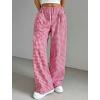 imagechouyatou Womens Casual Striped Wide Leg Pants Plaid Elastic Waist Palazzo Pants with PocketsPlaid Red