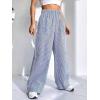 imagechouyatou Womens Casual Striped Wide Leg Pants Plaid Elastic Waist Palazzo Pants with PocketsStriped Blue
