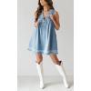 imagechouyatou Womens Embroidered VNeck Sleeveless Mini Denim Dress Casual ALine Jean Babydoll Tank DressLight Blue