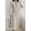 imagechouyatou Womens Fall Gold Button Formal Cocktail Sweater Dress Fit and Flare Midi Long Winter Knit DressBeige