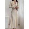 imagechouyatou Womens Fall Gold Button Formal Cocktail Sweater Dress Fit and Flare Midi Long Winter Knit DressBeige