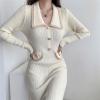 imagechouyatou Womens Fall Gold Button Formal Cocktail Sweater Dress Fit and Flare Midi Long Winter Knit DressBeige