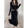 imagechouyatou Womens Fall Gold Button Formal Cocktail Sweater Dress Fit and Flare Midi Long Winter Knit DressBlack