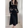 imagechouyatou Womens Fall Gold Button Formal Cocktail Sweater Dress Fit and Flare Midi Long Winter Knit DressBlack