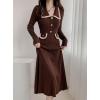imagechouyatou Womens Fall Gold Button Formal Cocktail Sweater Dress Fit and Flare Midi Long Winter Knit DressBrown