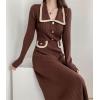 imagechouyatou Womens Fall Gold Button Formal Cocktail Sweater Dress Fit and Flare Midi Long Winter Knit DressBrown