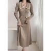imagechouyatou Womens Fall Gold Button Formal Cocktail Sweater Dress Fit and Flare Midi Long Winter Knit DressOatmeal