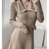 imagechouyatou Womens Fall Gold Button Formal Cocktail Sweater Dress Fit and Flare Midi Long Winter Knit DressOatmeal