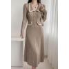 imagechouyatou Womens Fall Gold Button Formal Cocktail Sweater Dress Fit and Flare Midi Long Winter Knit DressOatmeal