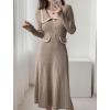 imagechouyatou Womens Fall Gold Button Formal Cocktail Sweater Dress Fit and Flare Midi Long Winter Knit DressOatmeal