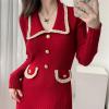 imagechouyatou Womens Fall Gold Button Formal Cocktail Sweater Dress Fit and Flare Midi Long Winter Knit DressRed