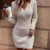 imagechouyatou Womens Sexy Long Sleeve Cable Knit Chunky Sweater Dress Mini Short Pencil Bodycon DressApricot
