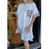 imagechouyatou Womens Short Sleeve Striped Shirt Dress Leopard Print Spliced Short Beach Button Down DressLight Blue
