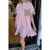 imagechouyatou Womens Short Sleeve Striped Shirt Dress Leopard Print Spliced Short Beach Button Down DressPink