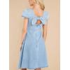 imagechouyatou Womens Summer Short Puff Sleeve Demin Jean Dress Bowknot Cute Mini Dress with PocketsLight Blue