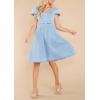 imagechouyatou Womens Summer Short Puff Sleeve Demin Jean Dress Bowknot Cute Mini Dress with PocketsLight Blue