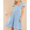 imagechouyatou Womens Summer Short Puff Sleeve Demin Jean Dress Bowknot Cute Mini Dress with PocketsLight Blue