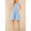 imagechouyatou Womens Summer Short Puff Sleeve Demin Jean Dress Bowknot Cute Mini Dress with PocketsLight Blue