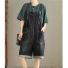 imagechouyatou Womens Suspender Strap Wide Leg Denim Overalls Knee Length Loose Fit Bib Jumpsuit Overall ShortsBlack