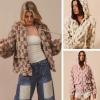 imagechouyatou Womens Winter Checkered Plaid Fleece Jacket Zip Up Hooded Fuzzy Sherpa Coat with PocketsKhaki