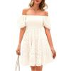 imagechouyatou Womens 2025 Eyelet Lace Embroidery Smocked Dress Square Neck Puff Sleeve Off Shoulder Tiered Mini DressBeige White