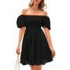 imagechouyatou Womens 2025 Eyelet Lace Embroidery Smocked Dress Square Neck Puff Sleeve Off Shoulder Tiered Mini DressBlack