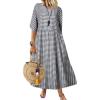 imagechouyatou Womens Casual Plaid Short Sleeve Beach Dress Crewneck Gingham Swing Flowy Midi Long Tunic DressBlack