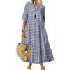 imagechouyatou Womens Casual Plaid Short Sleeve Beach Dress Crewneck Gingham Swing Flowy Midi Long Tunic DressBlue