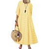 imagechouyatou Womens Casual Plaid Short Sleeve Beach Dress Crewneck Gingham Swing Flowy Midi Long Tunic DressYellow