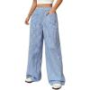 imagechouyatou Womens Casual Striped Wide Leg Pants Plaid Elastic Waist Palazzo Pants with PocketsPlaid Blue