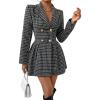 imagechouyatou Womens Fall Winter Notch Lapel Double Breated Tweed Wool Pea Coat Tartan Plaid Trench Coat