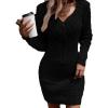 imagechouyatou Womens Sexy Long Sleeve Cable Knit Chunky Sweater Dress Mini Short Pencil Bodycon DressBlack