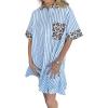 imagechouyatou Womens Short Sleeve Striped Shirt Dress Leopard Print Spliced Short Beach Button Down DressLight Blue