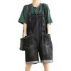 imagechouyatou Womens Suspender Strap Wide Leg Denim Overalls Knee Length Loose Fit Bib Jumpsuit Overall ShortsBlack