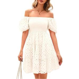 imagechouyatou Womens 2025 Eyelet Lace Embroidery Smocked Dress Square Neck Puff Sleeve Off Shoulder Tiered Mini DressBeige White