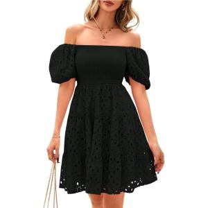 imagechouyatou Womens 2025 Eyelet Lace Embroidery Smocked Dress Square Neck Puff Sleeve Off Shoulder Tiered Mini DressBlack