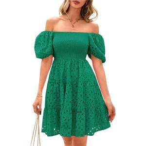 imagechouyatou Womens 2025 Eyelet Lace Embroidery Smocked Dress Square Neck Puff Sleeve Off Shoulder Tiered Mini DressGreen