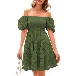 imagechouyatou Womens 2025 Eyelet Lace Embroidery Smocked Dress Square Neck Puff Sleeve Off Shoulder Tiered Mini DressOlive Green