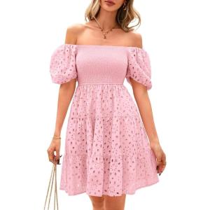 imagechouyatou Womens 2025 Eyelet Lace Embroidery Smocked Dress Square Neck Puff Sleeve Off Shoulder Tiered Mini DressPink