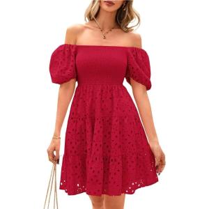 imagechouyatou Womens 2025 Eyelet Lace Embroidery Smocked Dress Square Neck Puff Sleeve Off Shoulder Tiered Mini DressRed
