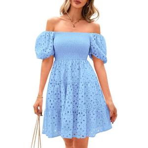 imagechouyatou Womens 2025 Eyelet Lace Embroidery Smocked Dress Square Neck Puff Sleeve Off Shoulder Tiered Mini DressSky Blue