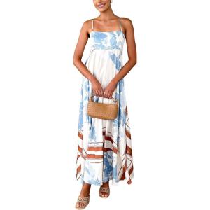 imagechouyatou Womens Bohemian Floral Print Back Smocked Maxi Dress Sexy Spaghetti Strap Ruffle Swing Beach Long DressBlue Brown